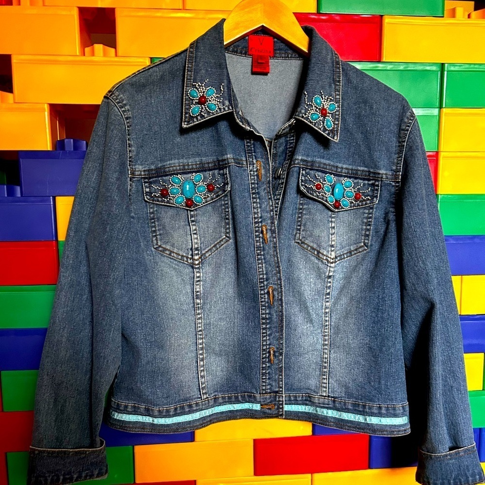 V Christina denim turquoise and ruby butterfly jacket size large